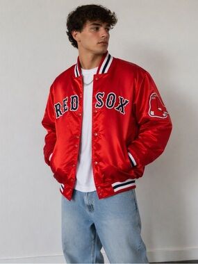 NWT Boston Red Sox Majestic Satin Bomber Jacket Red MLB Quilted Lined 2XT button
